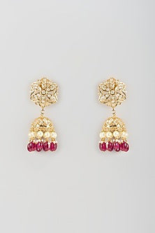 Gold Finish Kundan Polki & Ruby Drop Jhumka Earrings