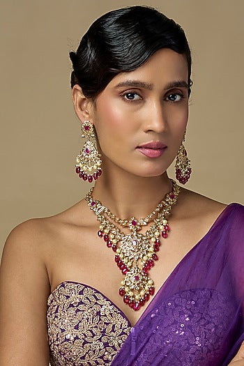 Gold Finish Kundan Polki & Red Beaded Long Necklace Set