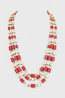 Gold Plated Coral Stone & Pearl Long Necklace
