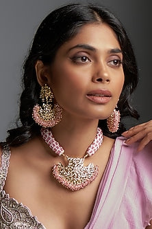 Gold Plated Kundan Polki & Pink Quartz Necklace Set