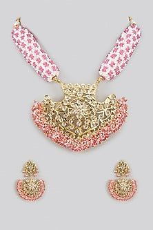 Gold Plated Kundan Polki & Pink Quartz Necklace Set