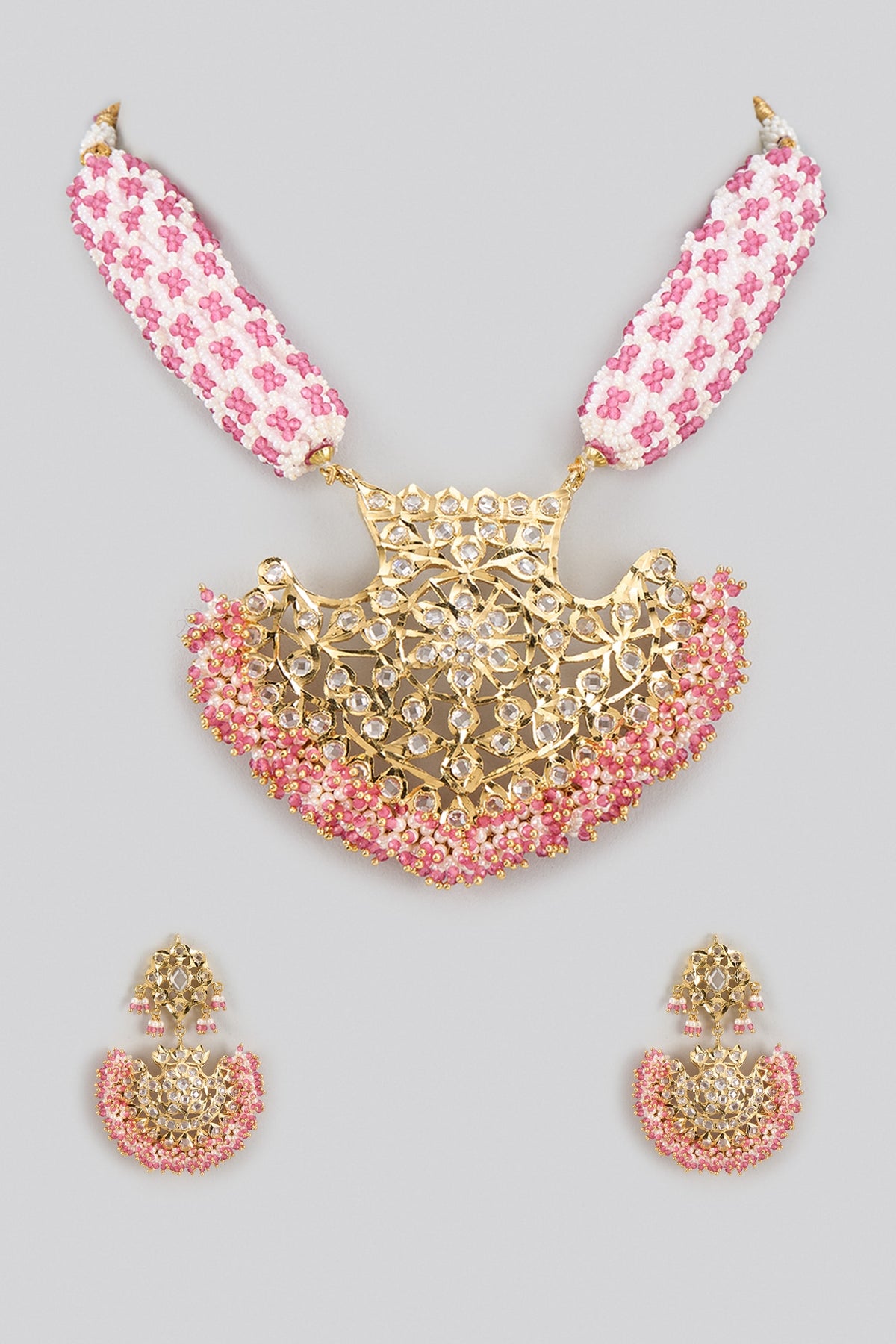 Gold Plated Kundan Polki & Pink Quartz Necklace Set