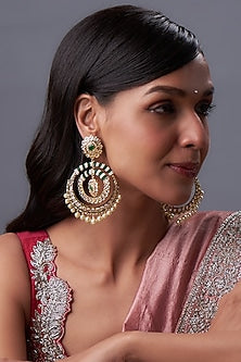 Gold Plated Kundan Polki & Green Onyx Chandbali Earrings