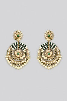 Gold Plated Kundan Polki & Green Onyx Chandbali Earrings