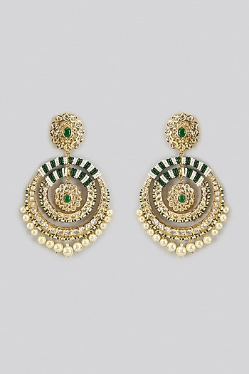 Gold Plated Kundan Polki & Green Onyx Chandbali Earrings