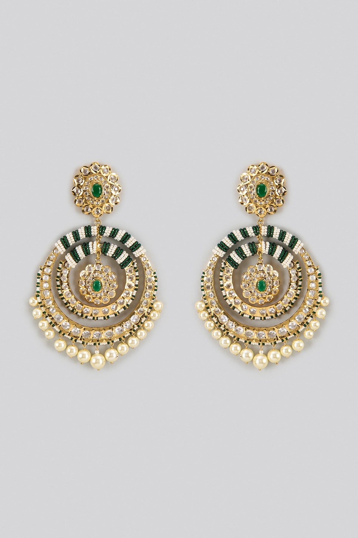 Gold Plated Kundan Polki & Green Onyx Chandbali Earrings
