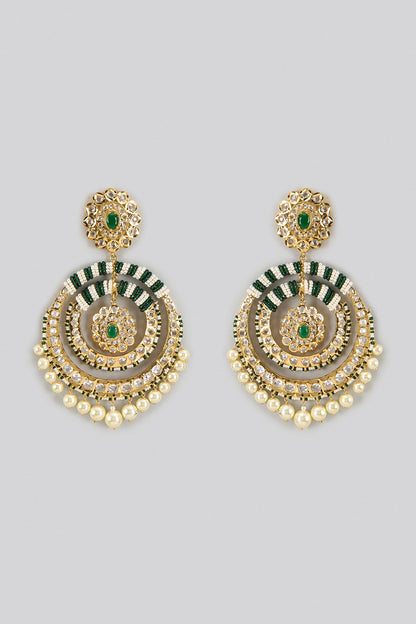 Gold Plated Kundan Polki & Green Onyx Chandbali Earrings
