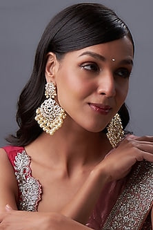 Gold Plated Kundan Polki & Pearl  Chandbali Earrings