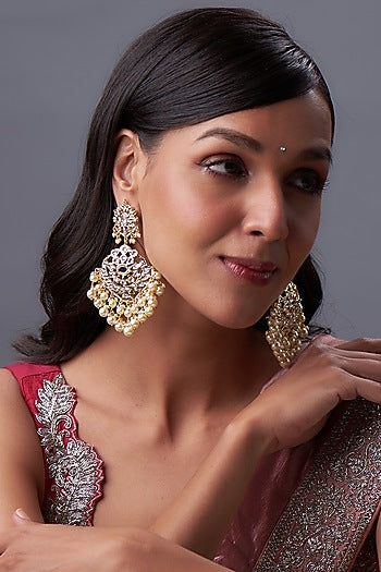 Gold Plated Kundan Polki & Pearl  Chandbali Earrings