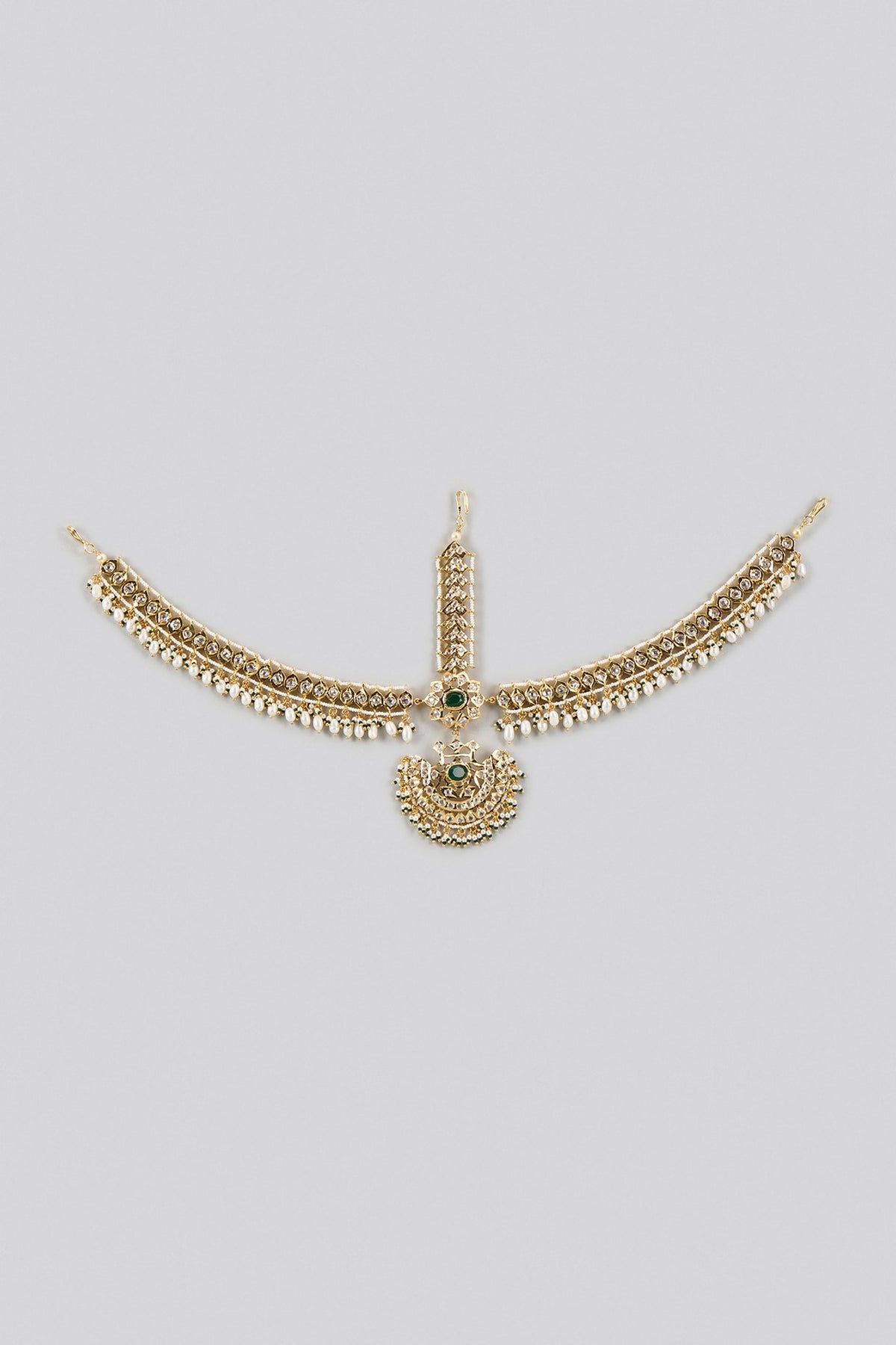 Gold Plated Kundan Polki & Green Onyx Mathapatti