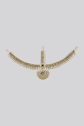 Gold Plated Kundan Polki & Green Onyx Mathapatti