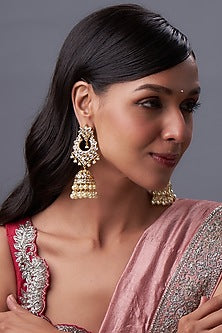 Gold Plated Kundan Polki & Pearl Jhumka Earrings