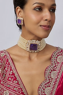 Gold Plated Moissanite Polki & Amethyst Stone Choker Necklace Set In Sterling Silver