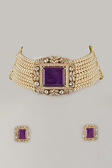 Gold Plated Moissanite Polki & Amethyst Stone Choker Necklace Set In Sterling Silver