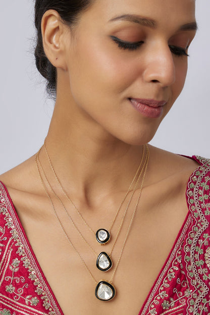 Gold Plated Moissanite Polki Blue Enameled Layered Necklace In Sterling Silver