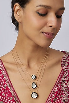 Gold Plated Moissanite Polki Blue Enameled Layered Necklace In Sterling Silver