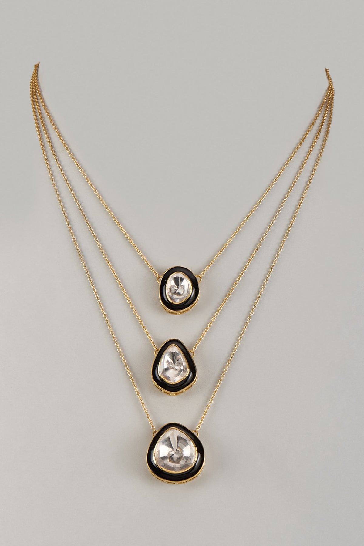 Gold Plated Moissanite Polki Blue Enameled Layered Necklace In Sterling Silver