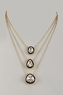 Gold Plated Moissanite Polki Blue Enameled Layered Necklace In Sterling Silver
