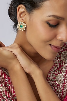 Gold Plated Moissanite Polki & Green Doublet Stone Stud Earrings In Sterling Silver