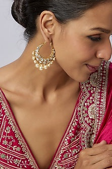 Gold Plated Moissanite Polki & Pearl Chandbali Earrings In Sterling Silver