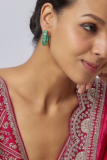 Gold Plated Green Doublet Stone & Kundan Polki Hoop In Sterling Silver