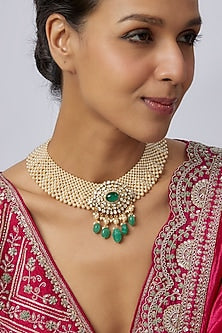 Gold Plated Kundan Polki & Green Drop Choker Necklace In Sterling Silver