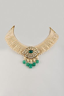 Gold Plated Kundan Polki & Green Drop Choker Necklace In Sterling Silver