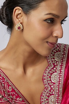 Gold Plated Moissanite Stone & Ruby Stone Stud Earrings In Sterling Silver