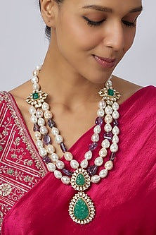 Gold Plated Baroque Pearl & Purple Beaded Long Necklace In Sterling Silver