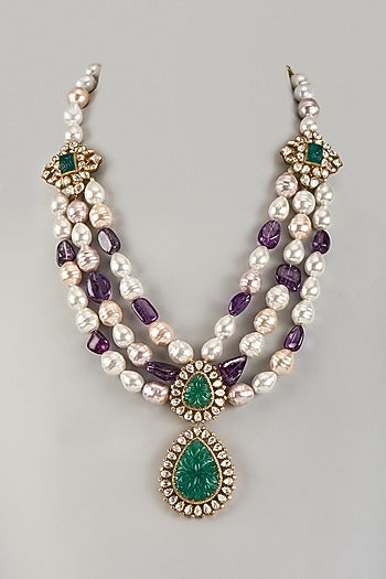 Gold Plated Baroque Pearl & Purple Beaded Long Necklace In Sterling Silver