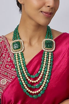 Gold Plated Pearl & Green Beaded Long Necklace In Sterling Silver