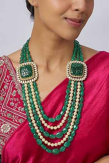 Gold Plated Pearl & Green Beaded Long Necklace In Sterling Silver