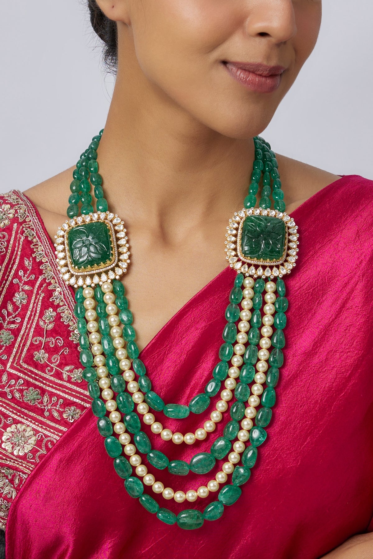 Gold Plated Pearl & Green Beaded Long Necklace In Sterling Silver