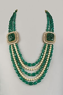 Gold Plated Pearl & Green Beaded Long Necklace In Sterling Silver