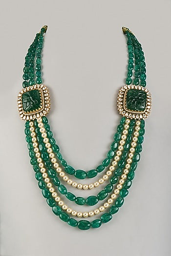 Gold Plated Pearl & Green Beaded Long Necklace In Sterling Silver
