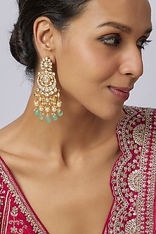 Gold Plated Kundan Polki & Green Drop Chandbali Earrings In Sterling Silver