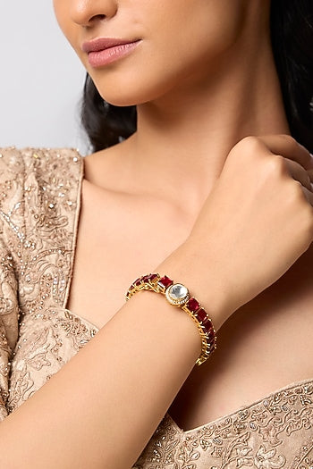 Gold Finish Polki Diamond & Ruby Stone Bangle In Sterling Silver