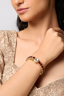 Gold Finish Polki Diamond & Ruby Stone Bangle In Sterling Silver