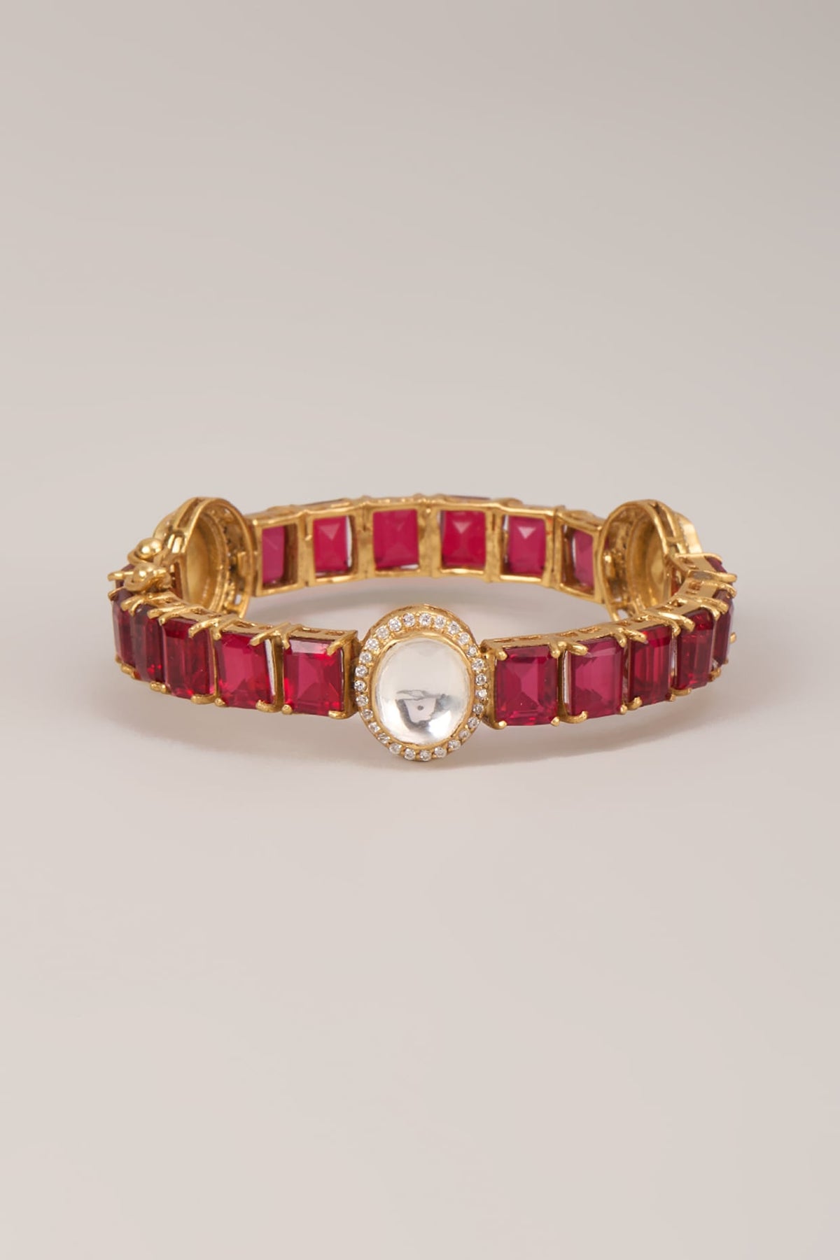 Gold Finish Polki Diamond & Ruby Stone Bangle In Sterling Silver