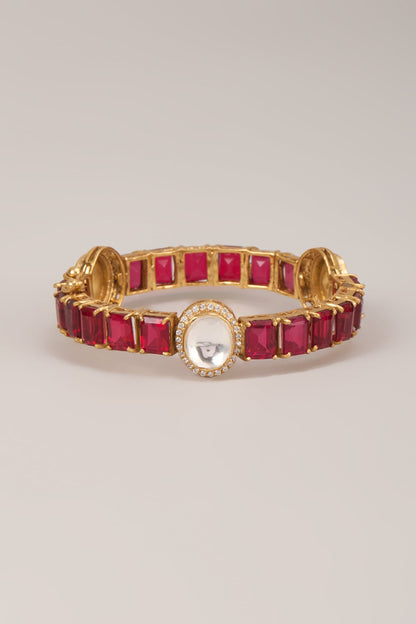Gold Finish Polki Diamond & Ruby Stone Bangle In Sterling Silver