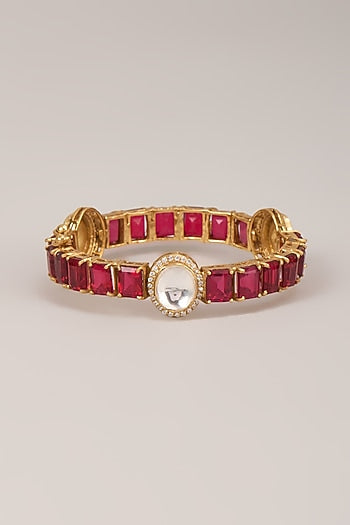 Gold Finish Polki Diamond & Ruby Stone Bangle In Sterling Silver