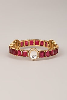 Gold Finish Polki Diamond & Ruby Stone Bangle In Sterling Silver