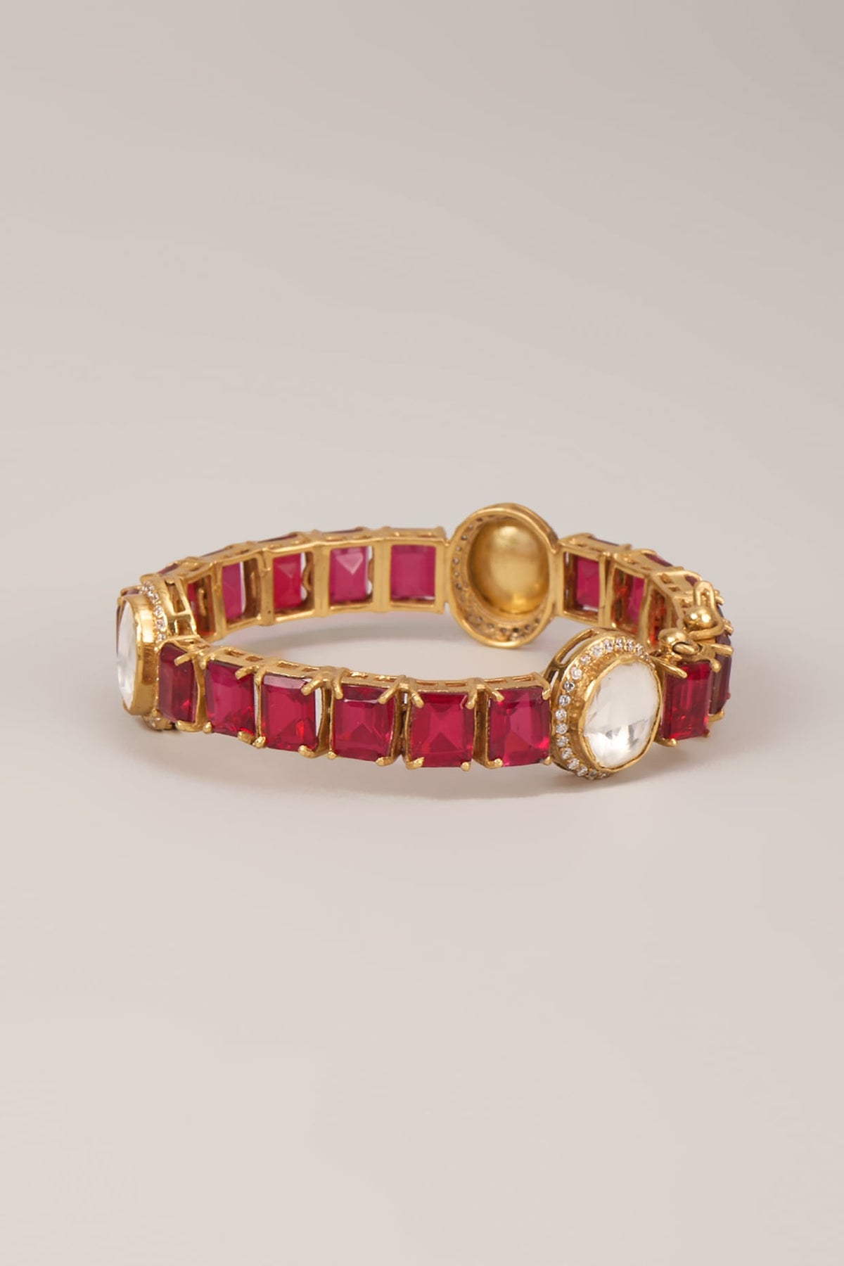 Gold Finish Polki Diamond & Ruby Stone Bangle In Sterling Silver