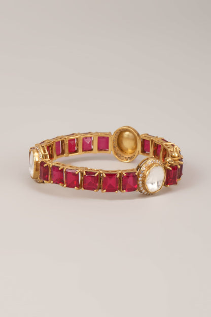 Gold Finish Polki Diamond & Ruby Stone Bangle In Sterling Silver