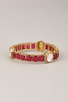 Gold Finish Polki Diamond & Ruby Stone Bangle In Sterling Silver