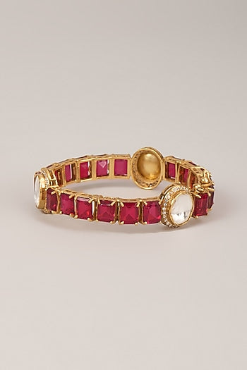 Gold Finish Polki Diamond & Ruby Stone Bangle In Sterling Silver