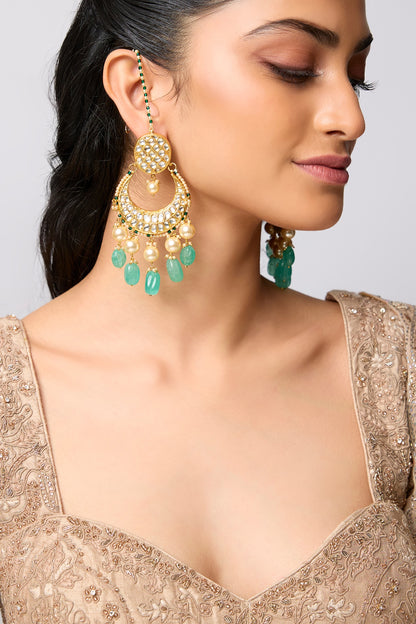 Gold Finish Kundan Polki & Pearl Chandbali Earrings In Sterling Silver