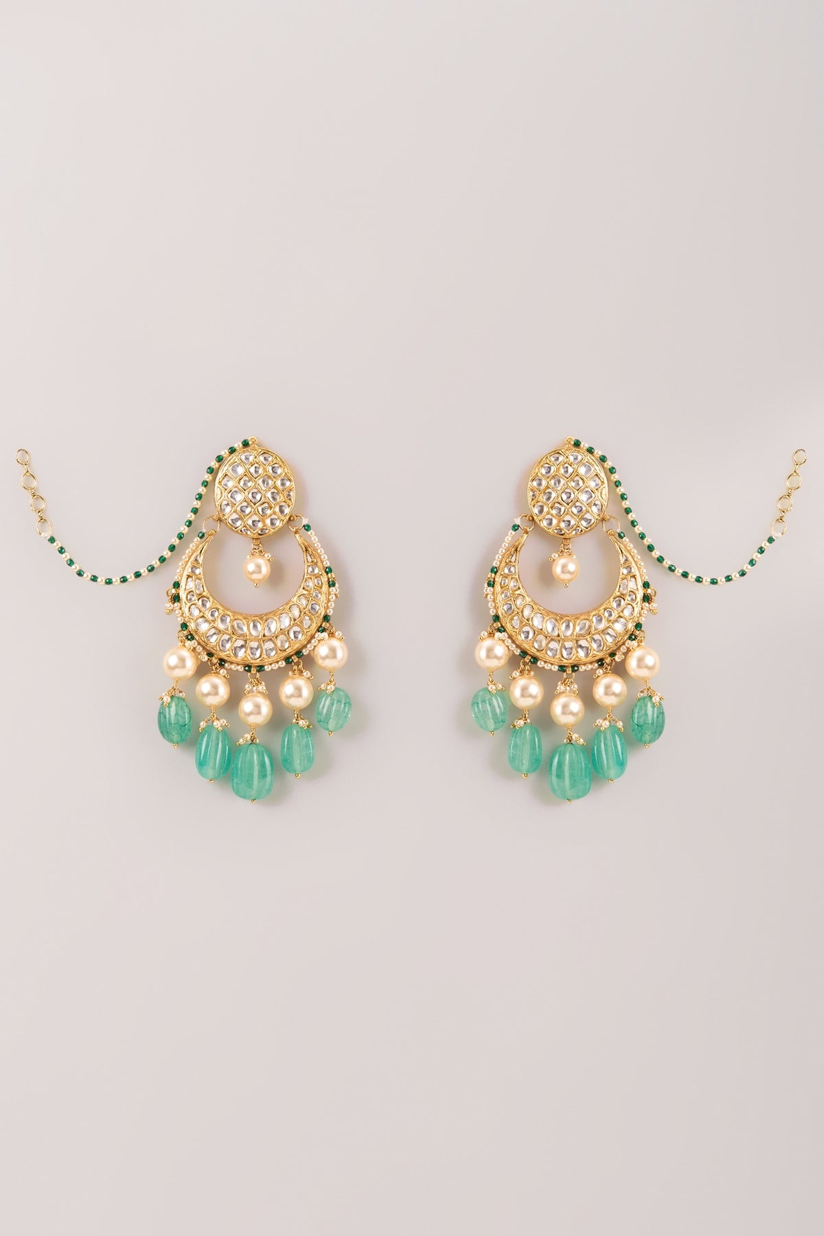 Gold Finish Kundan Polki & Pearl Chandbali Earrings In Sterling Silver