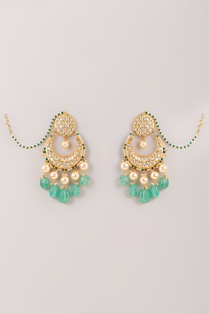 Gold Finish Kundan Polki & Pearl Chandbali Earrings In Sterling Silver