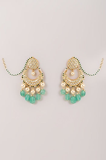 Gold Finish Kundan Polki & Pearl Chandbali Earrings In Sterling Silver
